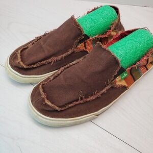 Sanuk Sidewalk Surfer Mens 12 Brown Canvas Baja Stripe Frayed Slip On Loafers
